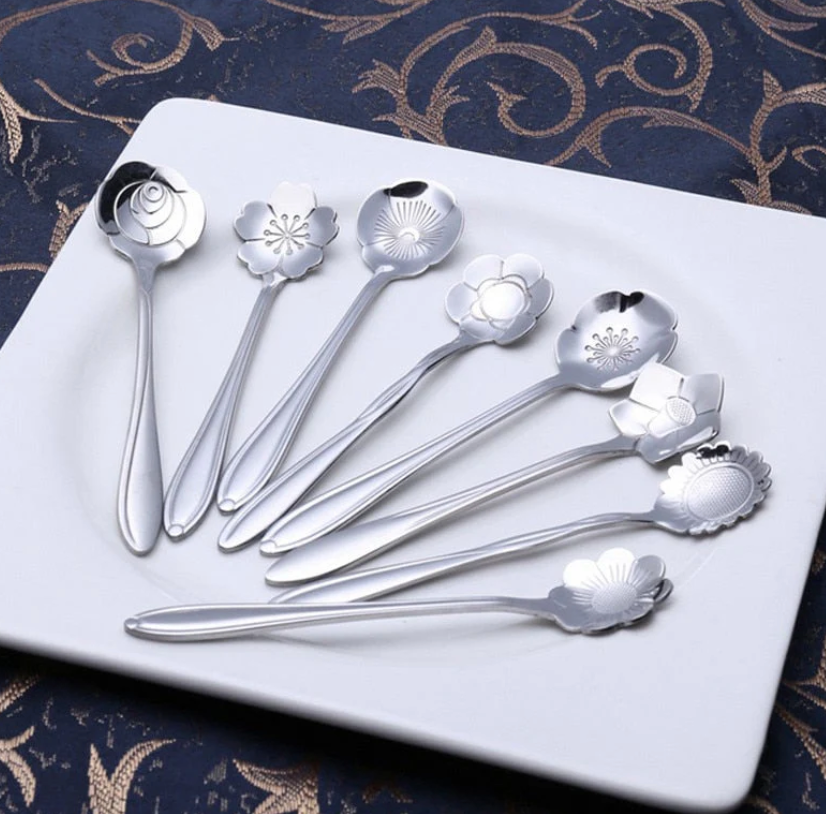 Elegante Bloemenmotief Theelepel Set RVS (8-delig)